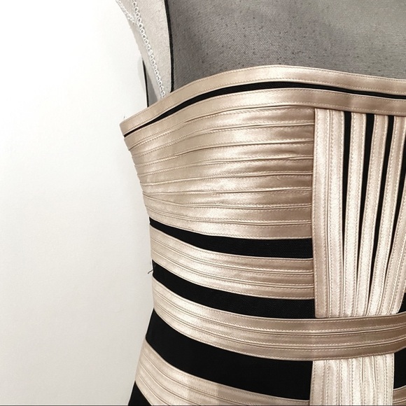 Bcbgmaxazria BRENDA BLACK CHAMPAGNE MESH SATIN BANDAGE COCKTAIL FORMAL DRESS - Picture 5 of 11